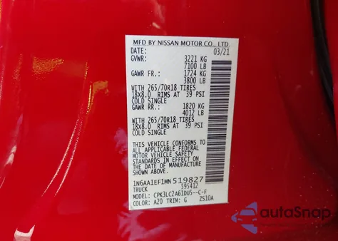 2021 Nissan Titan Sv 4X2 z USA, uszkodzony, nr VIN 1N6AA1EF1MN519827